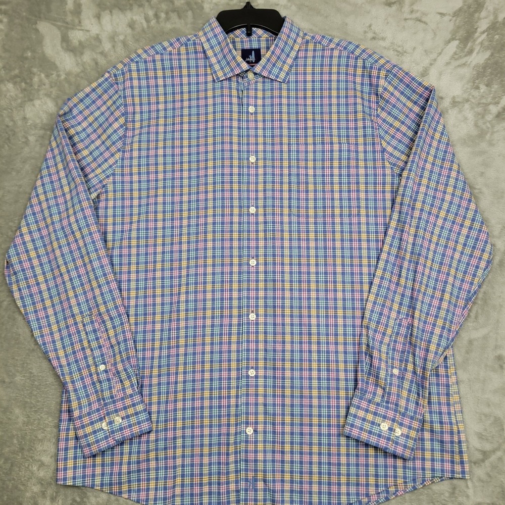 Johnnie-O Prep-Formance Button Up Shirt Men's XL Pink Green Colorful Plaid Logo